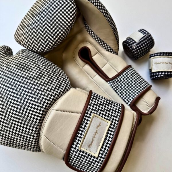 Elite Houndstooth Leather Boxing Gloves (Strap Up) - Cream - Image 2