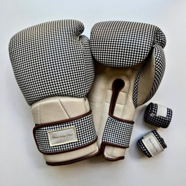 Elite Houndstooth Leather Boxing Gloves (Strap Up) - Cream - Image 3