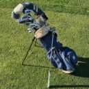Navy Blue Canvas / Cream Leather Golf Bag - Stand
