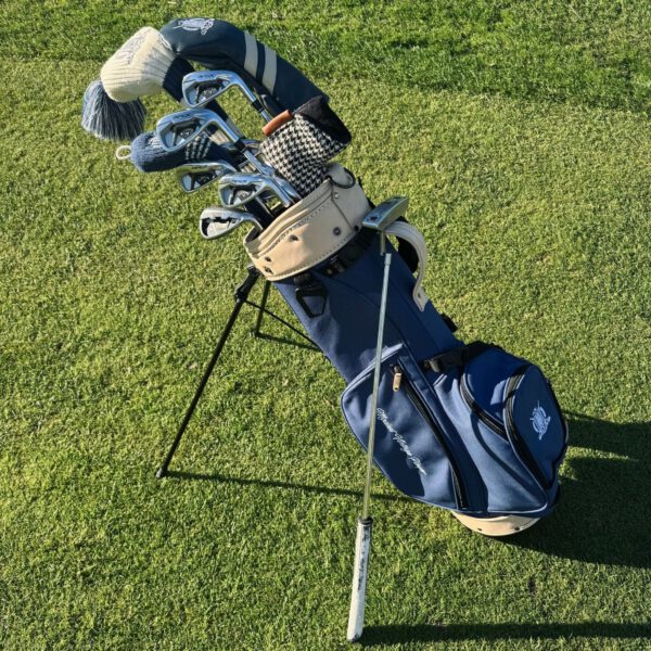 Navy Blue Canvas / Cream Leather Golf Bag - Stand - Image 8