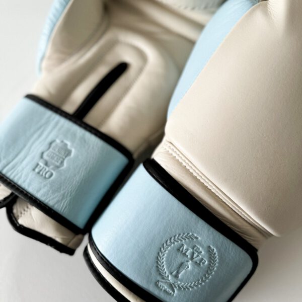 PRO Cream / Baby Blue Leather Boxing Gloves (Strap Up) - Image 2